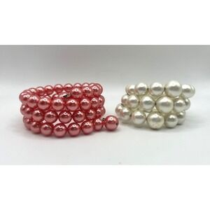 Vintage Avon Pink Faux Pearl Memory Wire‎ Bracelet & White Wrap Set of 2